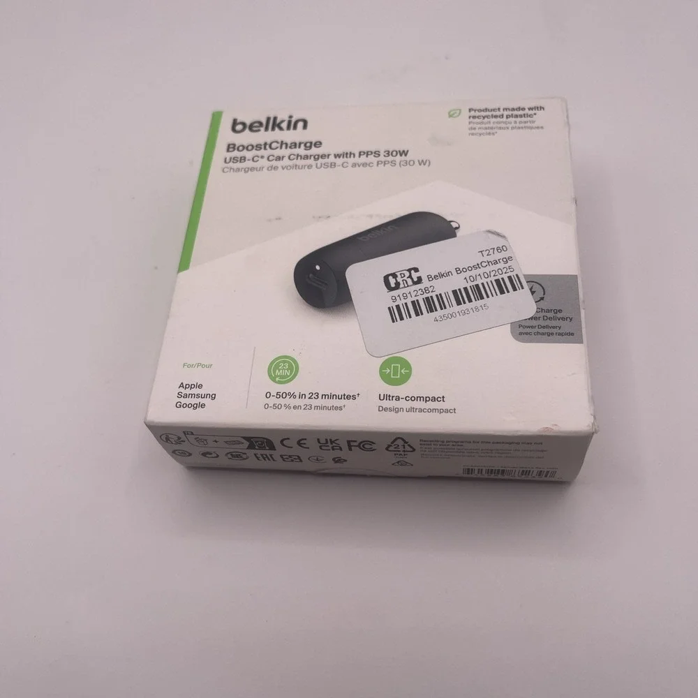 Belkin BoostCharge 30W Fast Car Charger Compact Design w/USB-C Power Deliver*109